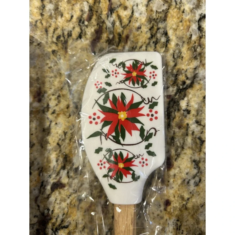 Temptations Christmas Poinsettias Silicone Spatula With Wooden Handle New In Box